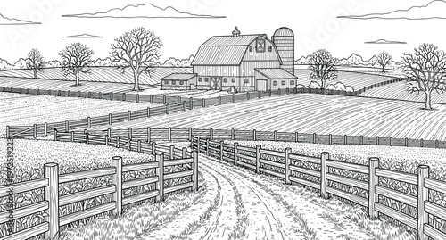 Rustic vector farm landscape with barns, fields, and fences in rural setting.