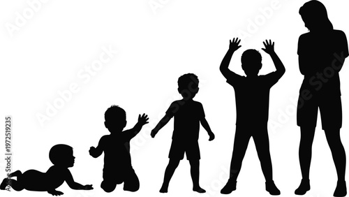 Child growth stages silhouettes set, baby to kid development collection for education and parenting design
