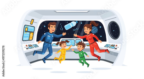 Family in colorful space suits jumping in spaceship interior