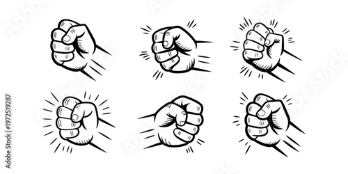 Six black and white fists with radiating lines clenched fist hand power strength in white background