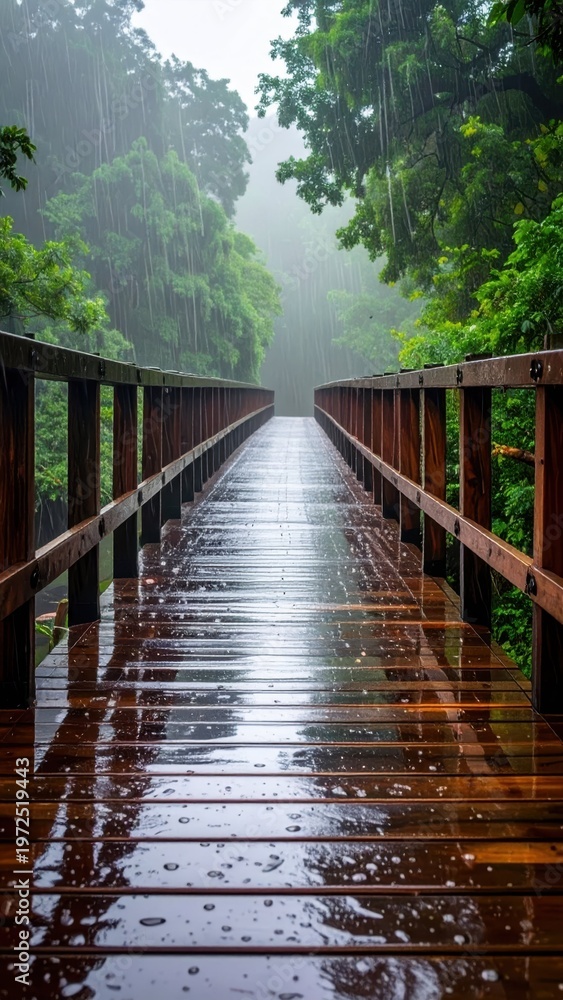 Obraz premium Serene Wooden Bridge in Rainy Forest Landscape with Greenery