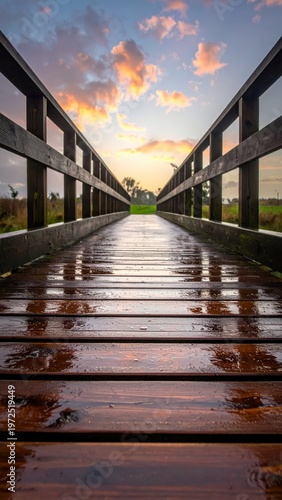Serene Wooden Bridge at Sunset with Reflections on Wet Planks