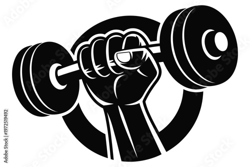 fitness arm holding dumbbell, weight training silhouette representing strength, exercise, and gym workout, minimal vector illustration isolated on white background.