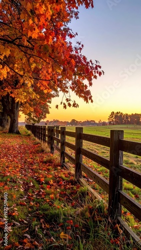 Autumn Landscape with Vibrant Red Leaves and Wooden Fence at Sunset