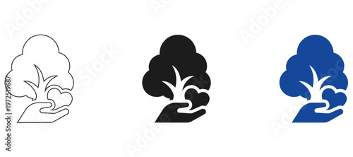 Environmental Care Icon Set with Hand Holding Tree and Heart Symbol; Eco Friendly Sustainability, Nature Conservation, and Charity Concept Vector Illustration in Outline, Solid, and Blue Styles