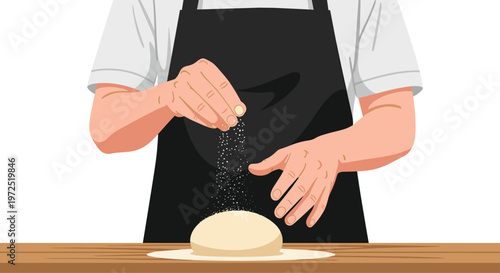 Detailed close-up shot of a baker's hands releasing a stream of fine white flour particles onto a smooth dough ball on a rustic wooden countertop surface.