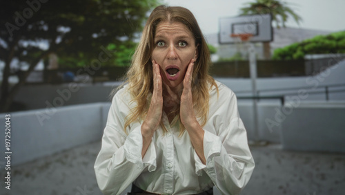 Photos Woman wearing white shirt holding hands to cheeks at a neighborhood basketball court beside a building, facing camera; surprise contemplation