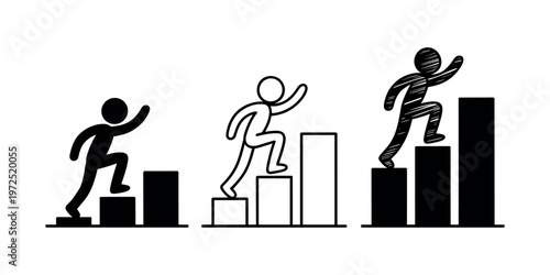 Three figures climbing bar graph steps in different styles chart progress in white background