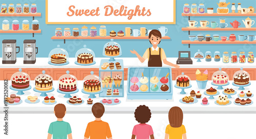 Baker and customers at a sweet delights bakery display with ice cream