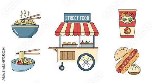 Street food stall with various dishes and bowls of noodles with food cart with hot dog
