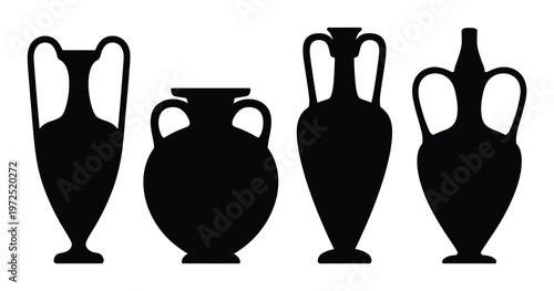 Black Silhouette Ancient Greek Amphorae Vector Illustration