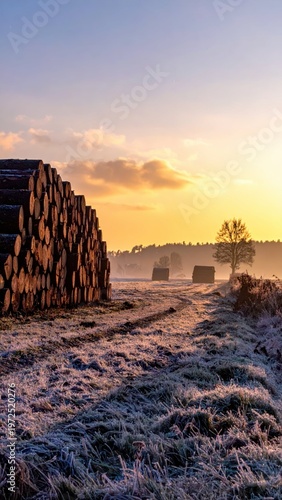 Serene Winter Landscape with Logs and Hay Bales at Sunrise