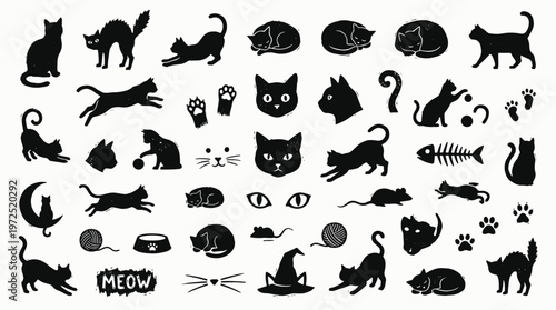 Collection of Cat Silhouettes Diverse Poses and Activities Playful Feline Icons for Graphic Design and Animal Lovers