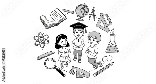 Children surrounded by educational symbols representing learning and knowledge.