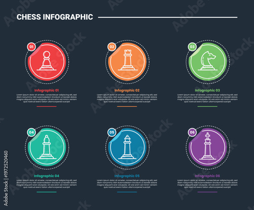 Chess strategy infographic process diagram with big circle dotted outline and badge top side with dark background bright outline style 6 points