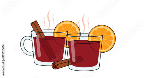Two steaming glass mugs of fragrant red mulled wine are beautifully presented with cinnamon sticks and fresh orange slices on a plain white backdrop.