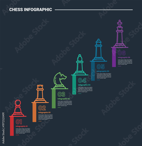 Chess strategy infographic process diagram with pawns step up growth ladder with chess pawn with dark background bright outline style 6 points