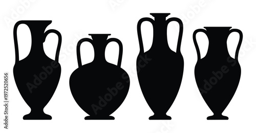Black Silhouette Ancient Greek Amphorae Vector Illustration