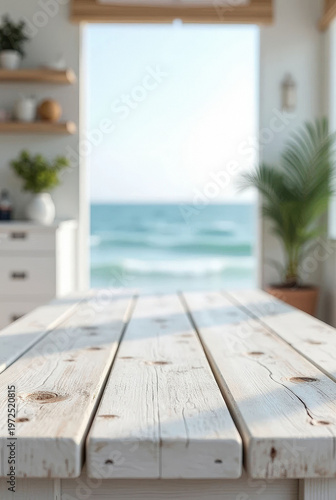 Modern beach house kitchen with ocean view and wooden deck, mockup, product placement mockup, beach mockup