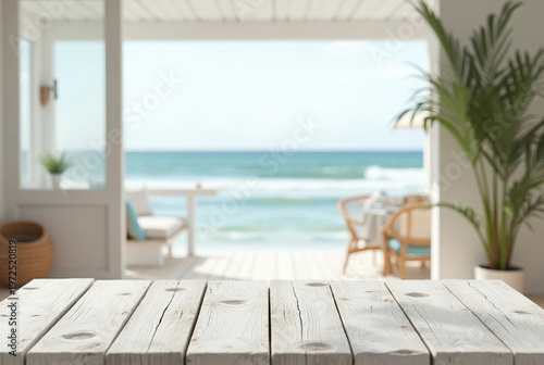Modern beach house kitchen with ocean view and wooden deck, mockup, product placement mockup, beach mockup