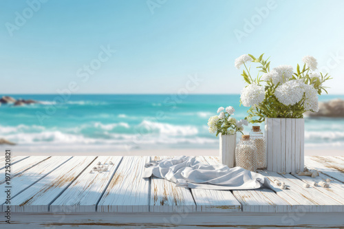 Rustic white wooden table overlooking a serene tropical beach and turquoise ocean, mockup, product placement mockup, beach mockup