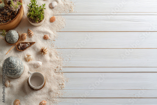 Beach house decor with seashells and sand on white wooden planks, mockup, product placement mockup, flatlay mockup beach