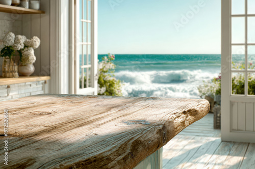 Modern beach house kitchen with ocean view and wooden deck, mockup, product placement mockup, beach mockup