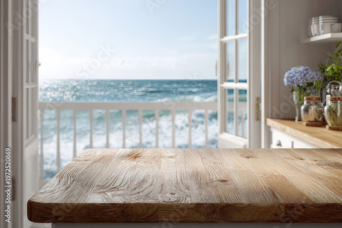 Rustic white wooden table overlooking a serene tropical beach and turquoise ocean, mockup, product placement mockup, beach mockup