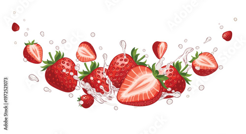 Dynamic arrangement of fresh whole and sliced red strawberries caught in a high-speed clear water splash with sparkling droplets on white background.