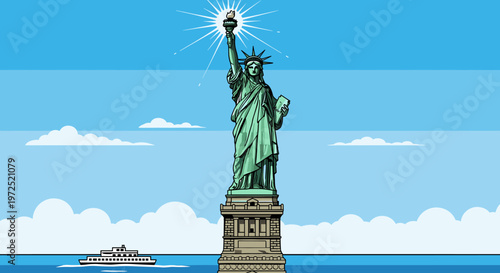The Statue of Liberty stands tall against a bright blue sky with fluffy white clouds, a symbol of freedom and democracy in New York Harbor.