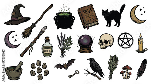Mystical Witchcraft Elements Collection Featuring A Cauldron Crystal Ball Spellbook And Black Cat For Halloween And Occult Themes