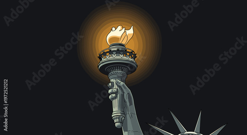 The Statue of Liberty's torch glows brightly against a dark background, symbolizing freedom and hope.