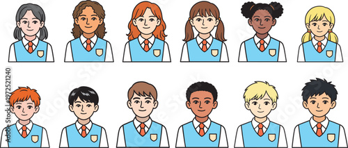 Diverse School Children Avatars in Uniform Cartoon Style Vector Illustration