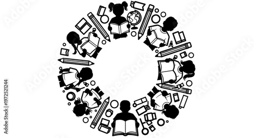 Circular design featuring students, books, pencils, and school supplies.