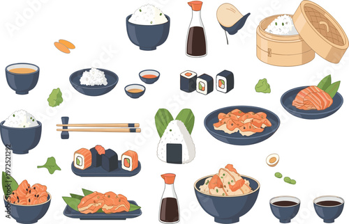 Large Japanese Cuisine Food Vector Set Featuring Sushi Rolls Nigiri Onigiri Rice Bowls Sashimi and Soy Sauce for Restaurant Menu and Asian Culinary Designs