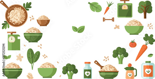 Healthy Oatmeal and Superfood Breakfast Vector Set Featuring Bowls of Porridge Fresh Vegetables and Fitness Nutrition Elements for Diet and Wellness Designs