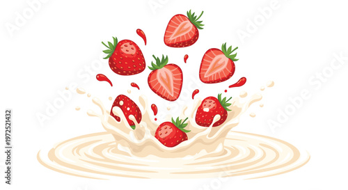 Ripe red strawberries falling into a pool of thick white cream creating a dramatic crown-shaped splash and concentric ripples on a clean white surface.