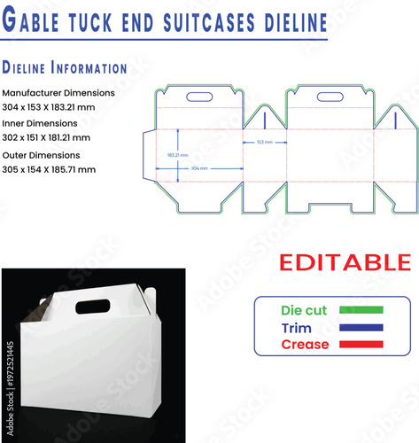Gable tuck end suitcase packaging dieline with dimensions and sample template carton