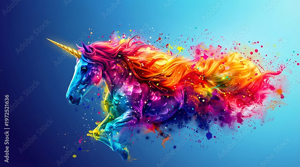 Obraz premium A vibrant unicorn runs freely in a colorful landscape with splashes.