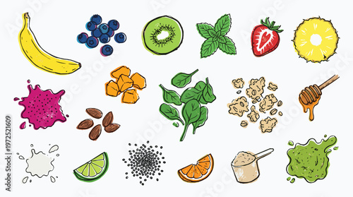 Healthy Smoothie Ingredients Collection Banana Berries Kiwi Strawberry Pineapple Spinach Orange Lime Almonds Honey Granola Protein Powder