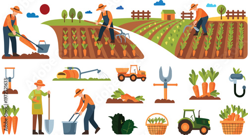 Comprehensive Organic Farming Vector Set Featuring Farmers Harvesting Vegetables Tractor Machinery and Gardening Tools for Agricultural Business and Rural Education Designs
