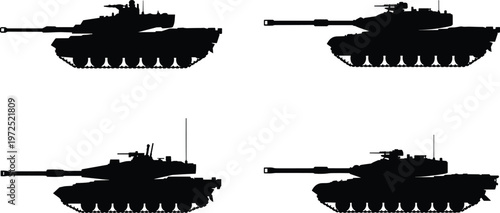 Military tank silhouettes set, armored combat vehicles collection for army defense and war design