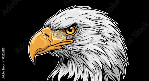Detailed vector illustration of a majestic bald eagle head with white feathers and a golden beak on a stark black background, showcasing its powerful gaze.