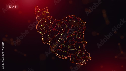 A dynamic motion video showcasing the Iran country border through a colorful plexus reveal. Glowing red and orange dots represent high-tech data communication and global digital networks.