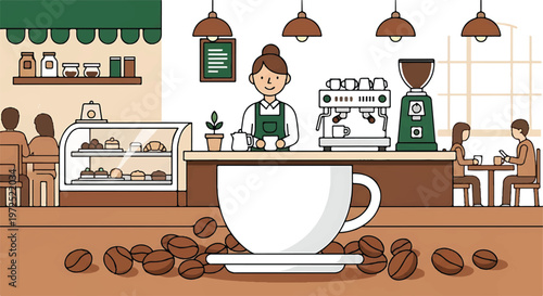 Barista in uniform serving coffee at counter with espresso machine, coffee grinder and display of pastries, in front of a large cup of coffee and beans, a cheerful barista stands behind a coffee