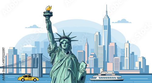 The iconic Statue of Liberty stands tall against the New York City skyline, with the Brooklyn Bridge and a yellow taxi visible.