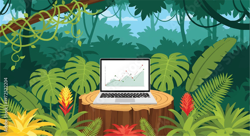 Laptop displaying financial chart on a tree stump in a lush, jungle environment