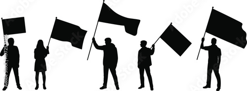 People holding flags silhouettes set, protest rally activists with banners for demonstration design