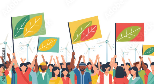 Diverse crowd holding eco-friendly flags with leaves