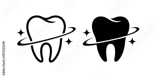 Two stylized black and white tooth with sparkling stars and a swooping ring teeth dental dentistry oral hygiene